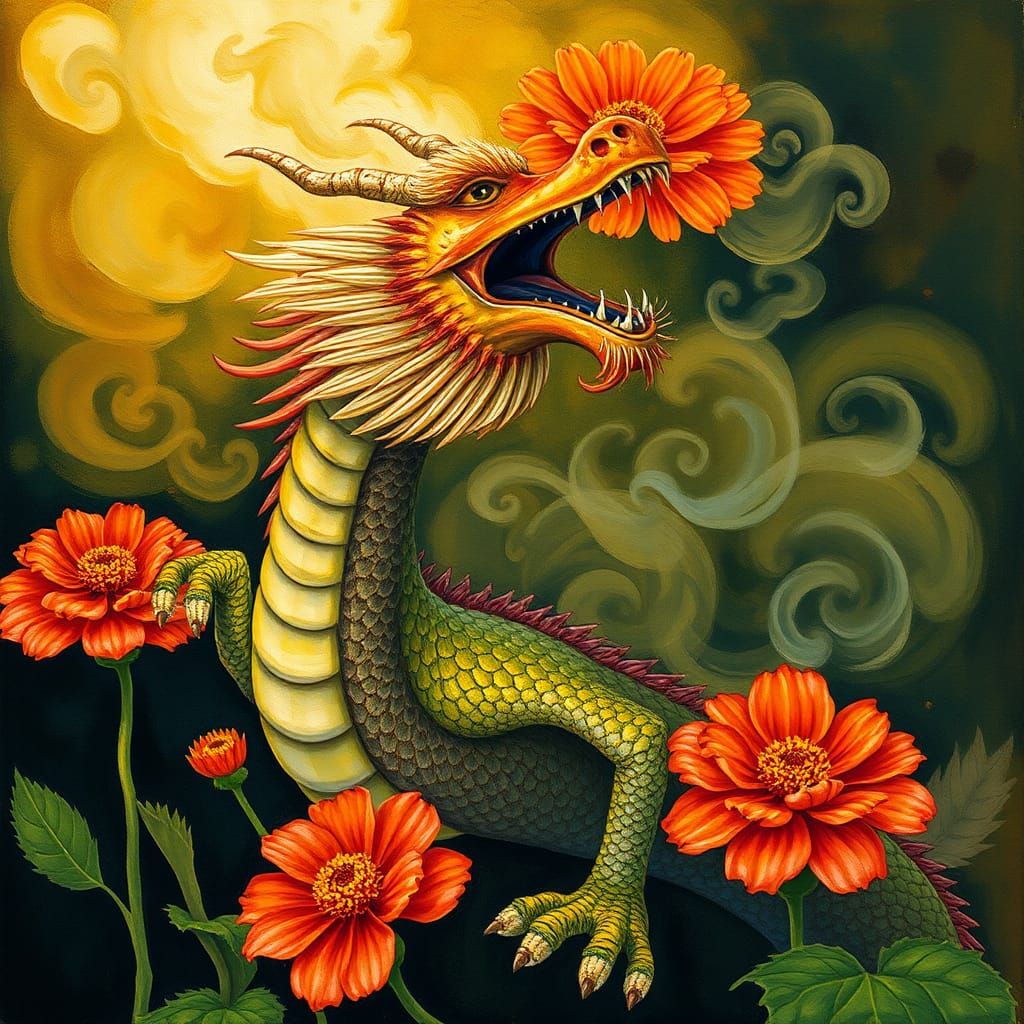 Zinnias and Dragon in Oil Gouache Style