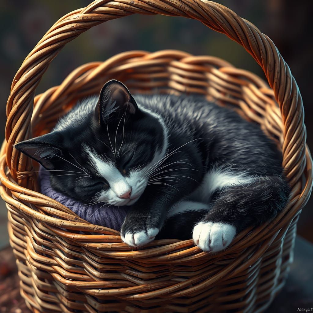 Whimsical Tuxedo Cat in Wicker Basket Fantasy Art