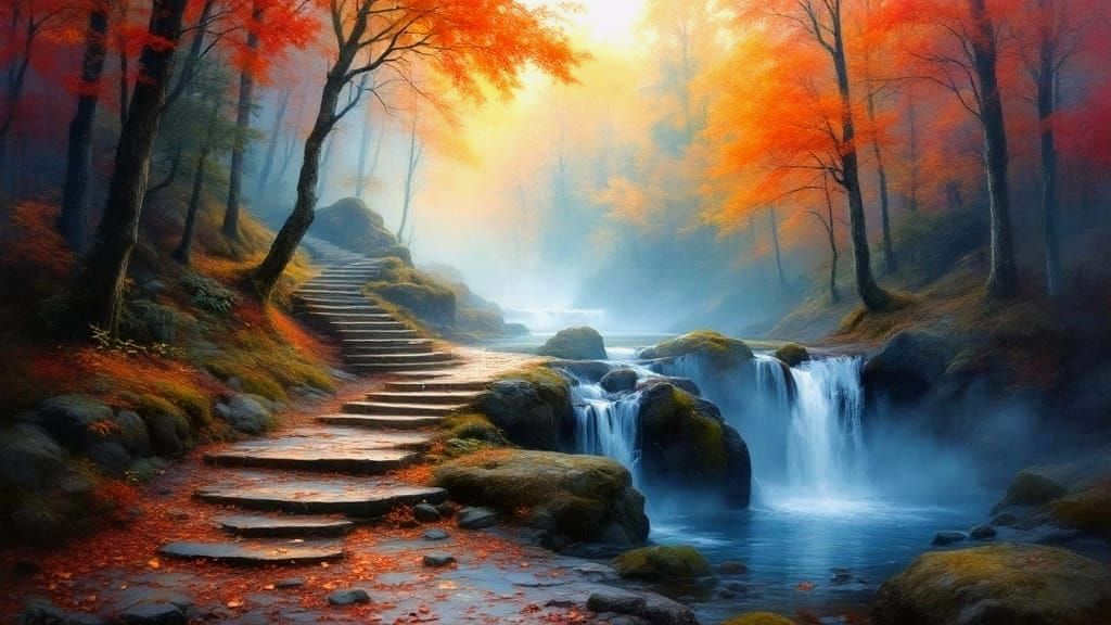 Surreal Fall Forest Path in Impasto Oil Painting Style