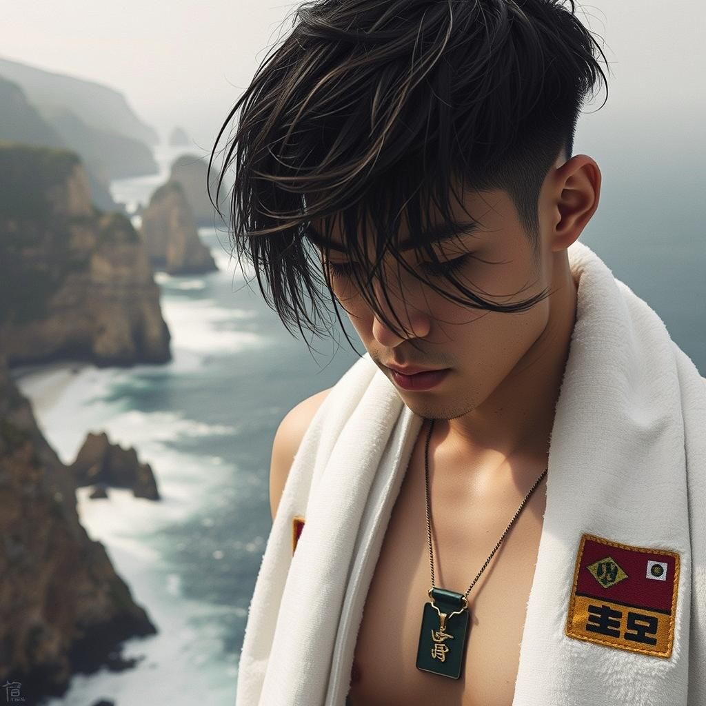 Ethereal Seashore Cliffs View of Young Swimmer