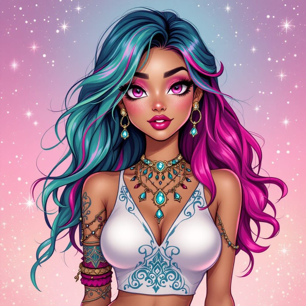 Stylized Woman with Teal Hair in Dreamy Digital Art