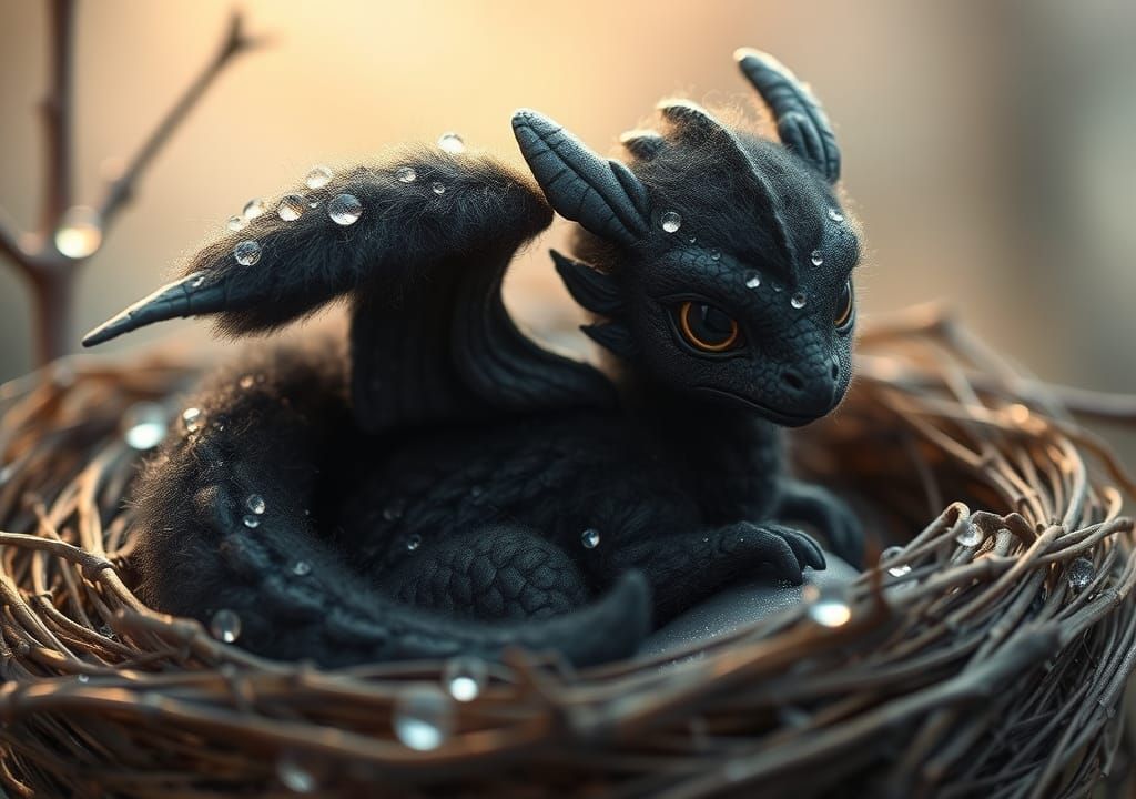 Fluffy Black Wooly Dragon in Bird's Nest