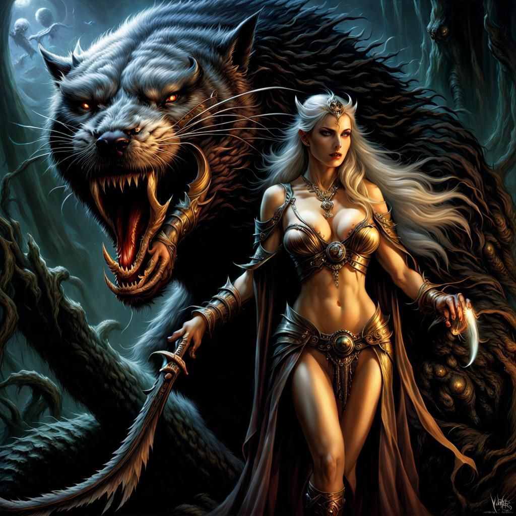 Fairy Woman Taming a Wereotter: Dark Fantasy Art