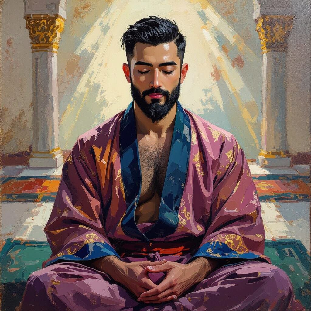 Serene Monk in Mosque, Neo-Impressionist Oil Painting