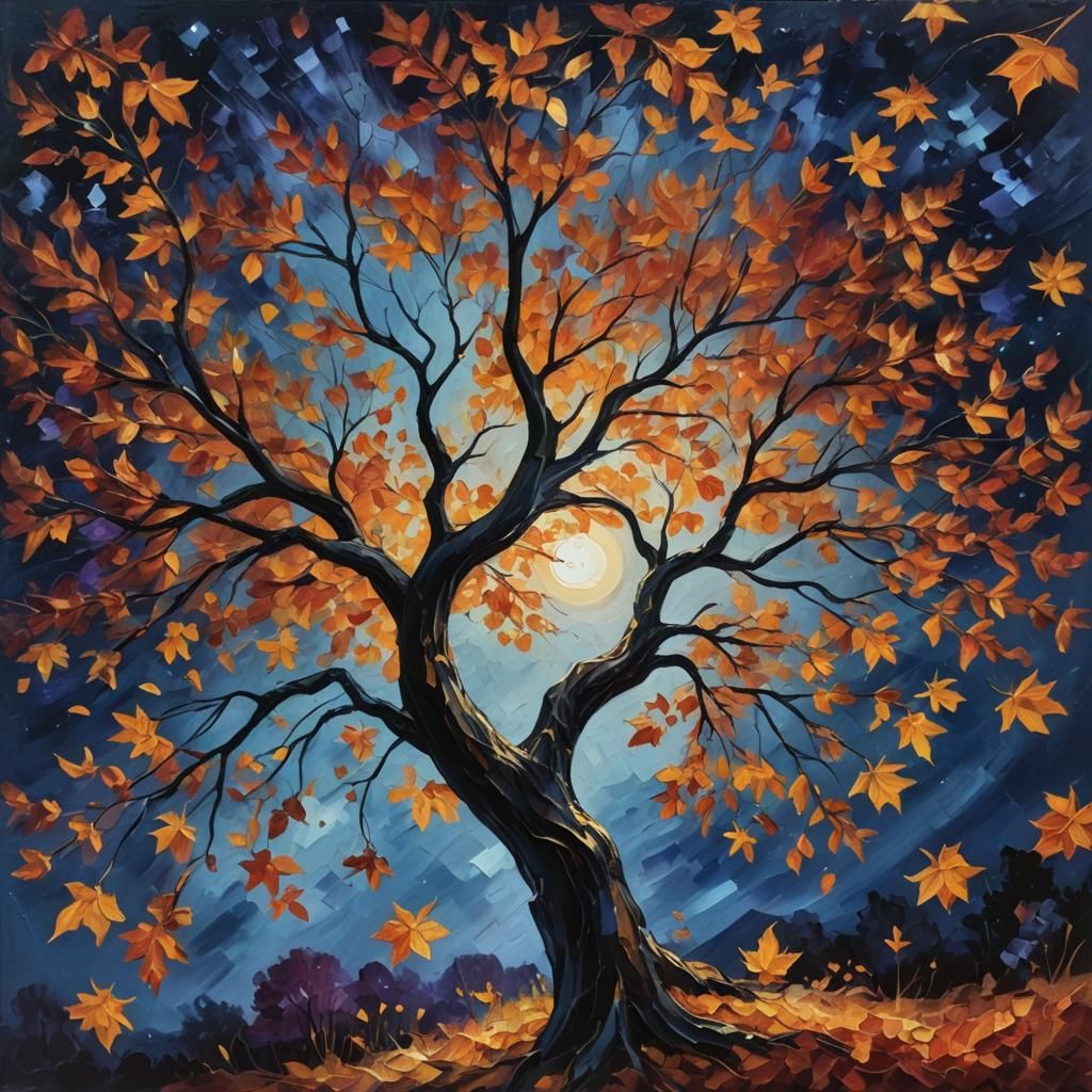Autumn Tree Swaying Under Moonlight: An Impasto Oil Painting