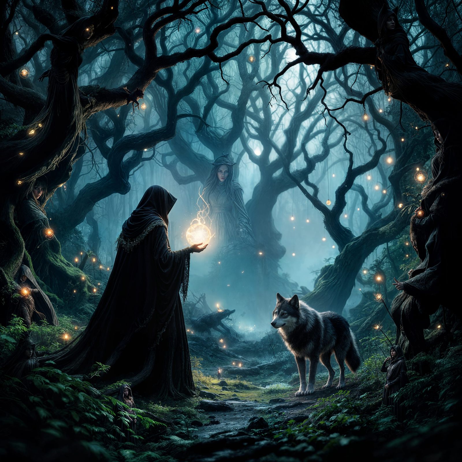 Mysterious Witch with Glowing Orb in Ancient Forest
