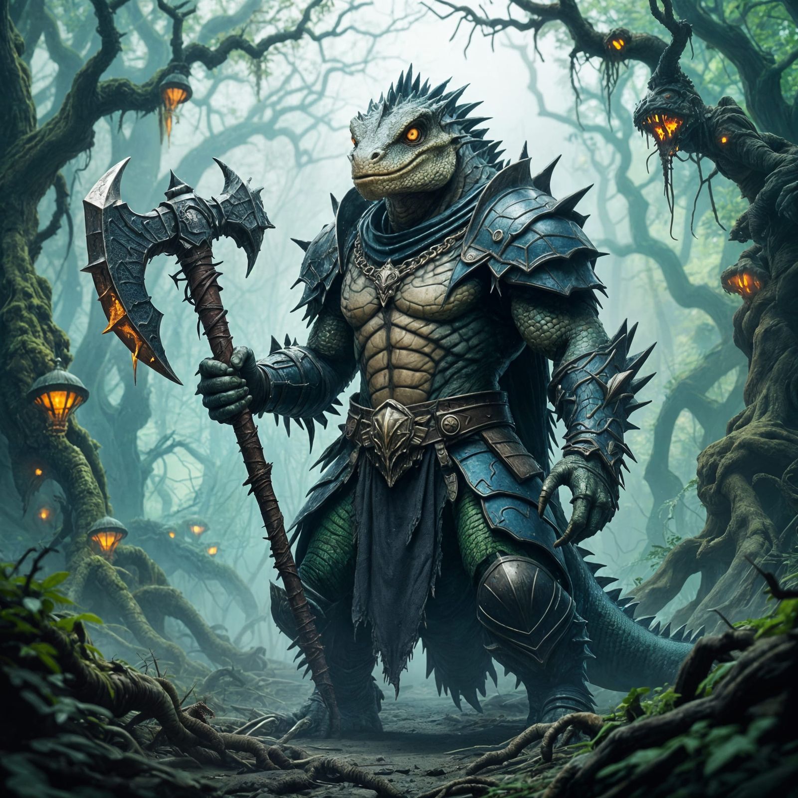 Eldritch Lizard Warrior Stands in Dark Forest