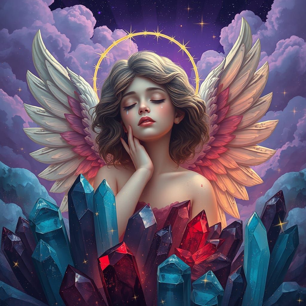 Crystalline Angel Weeping Under Starry Skies