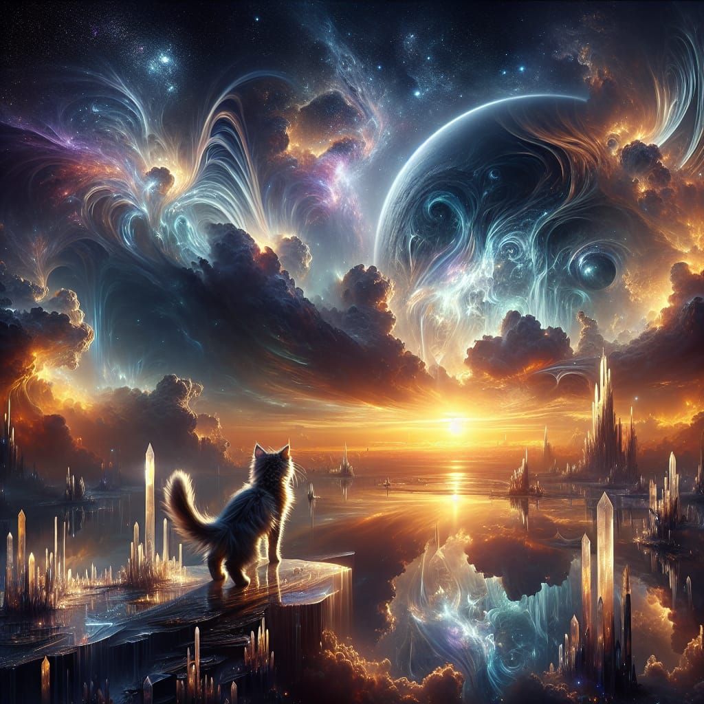 Kitten Gazing at a Planet in Twilight Sky