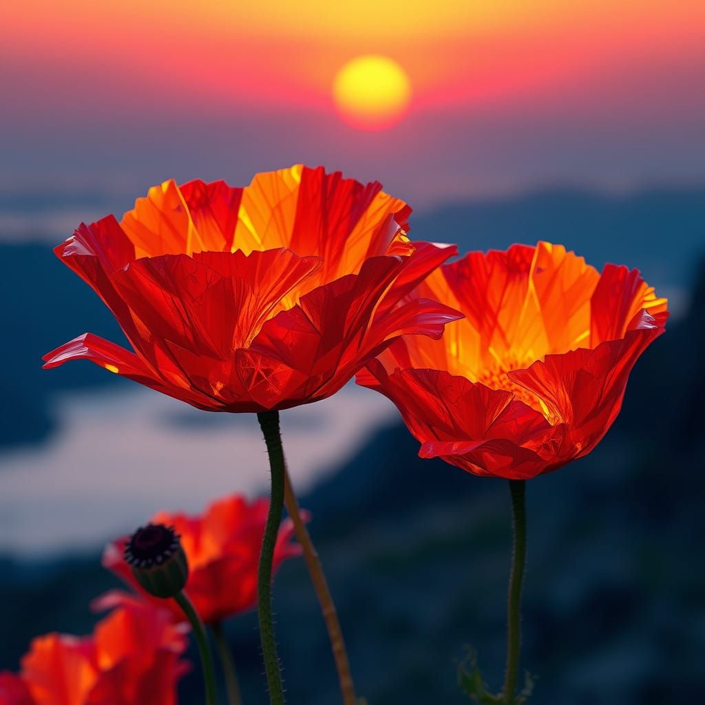 Crystal Poppy Flowers Shine in Sunset Glory