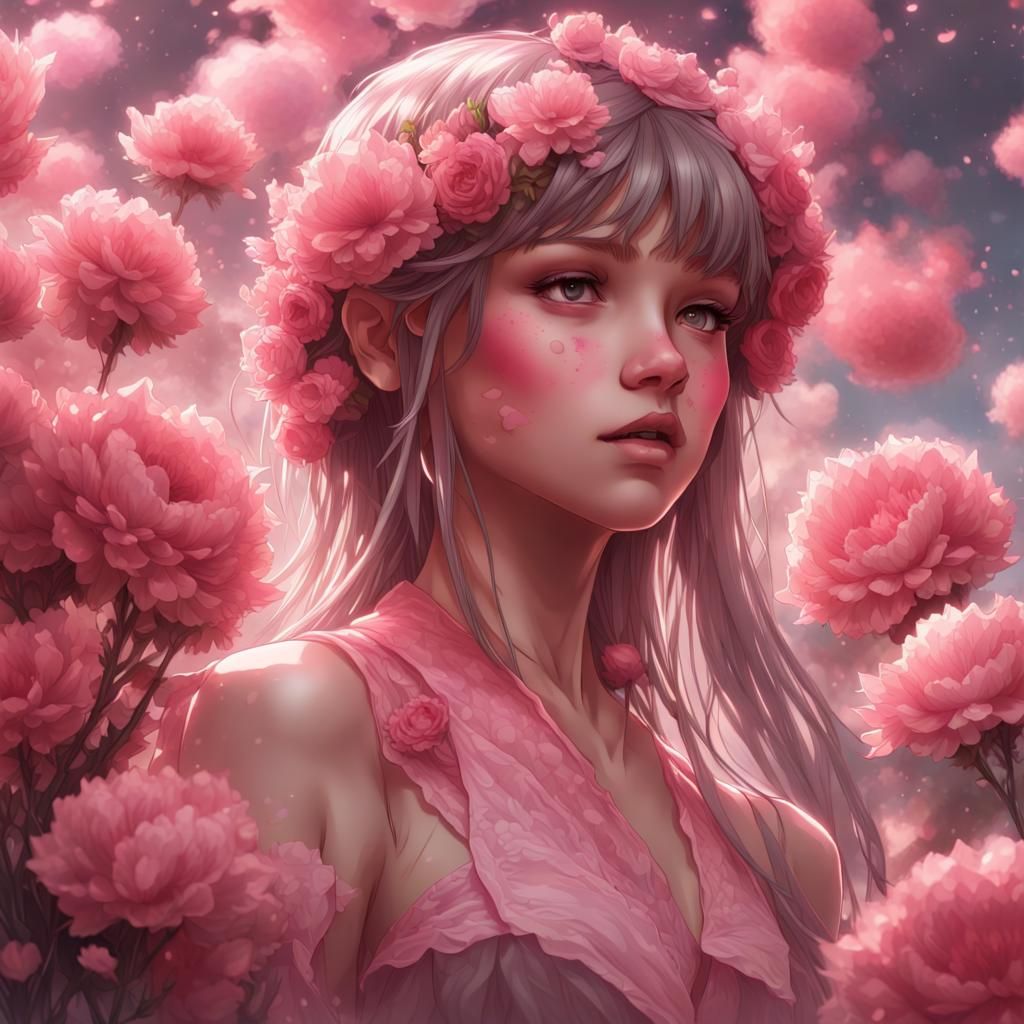Anime Pink Flower Girl Portrait in Graffiti Art Style
