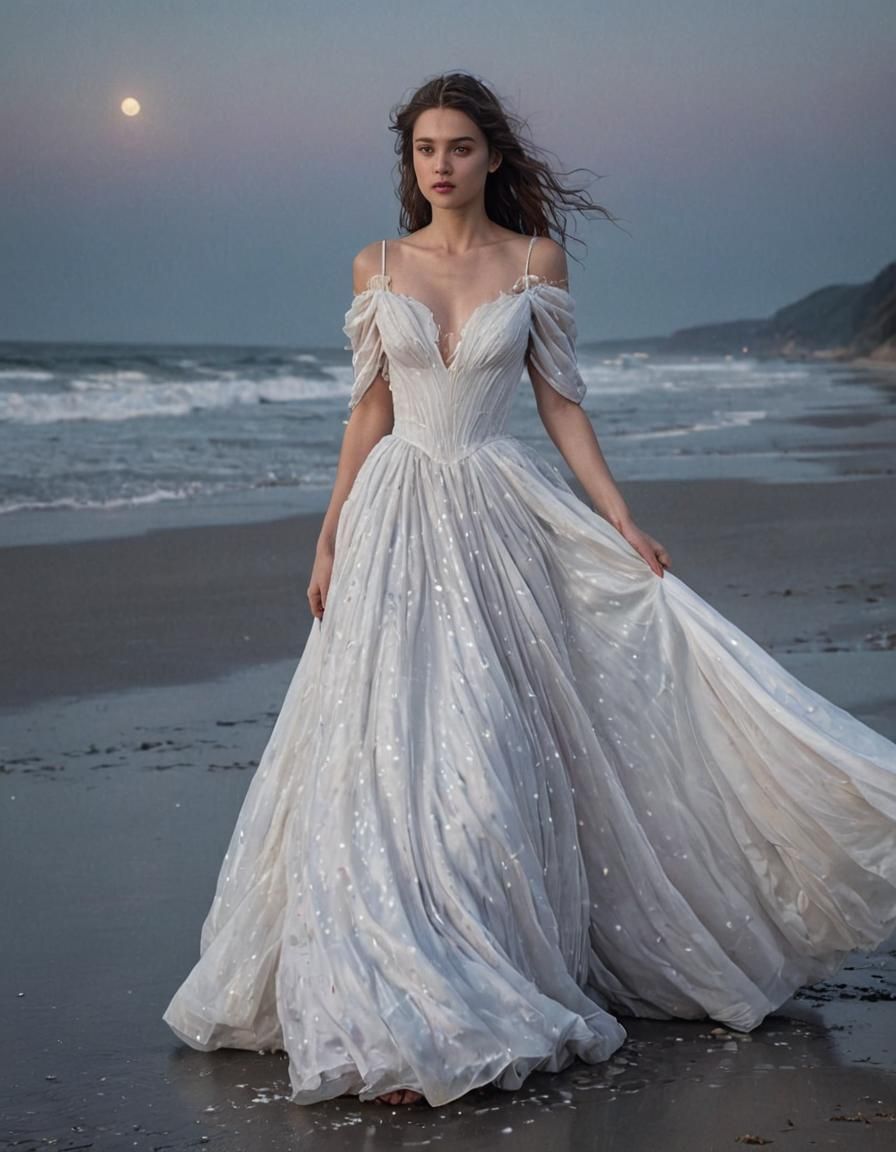 Woman on Moonlit Beach in Impressionistic Style