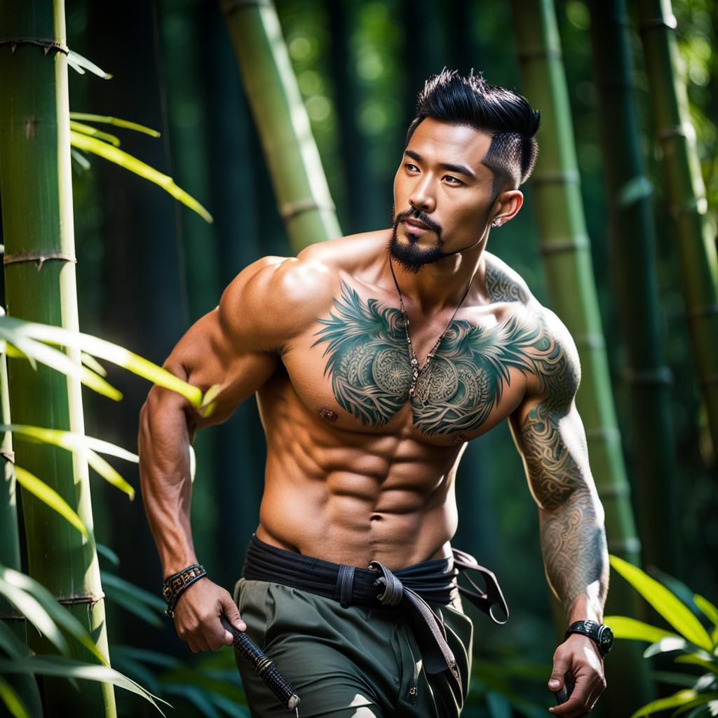 Shirtless Asian Man in a Bamboo Forest