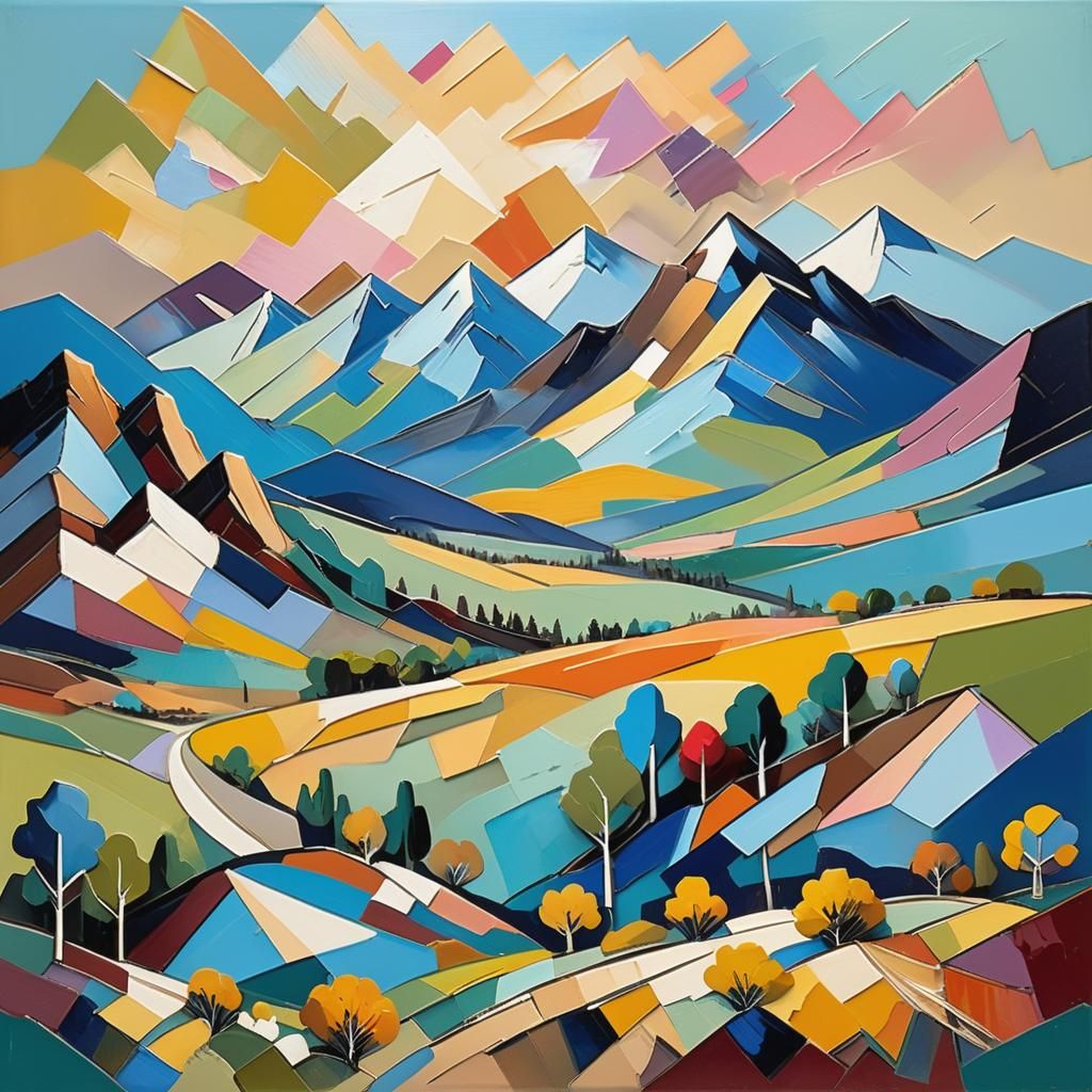 Cubist Spring Mountains in Vibrant Geometric Planes