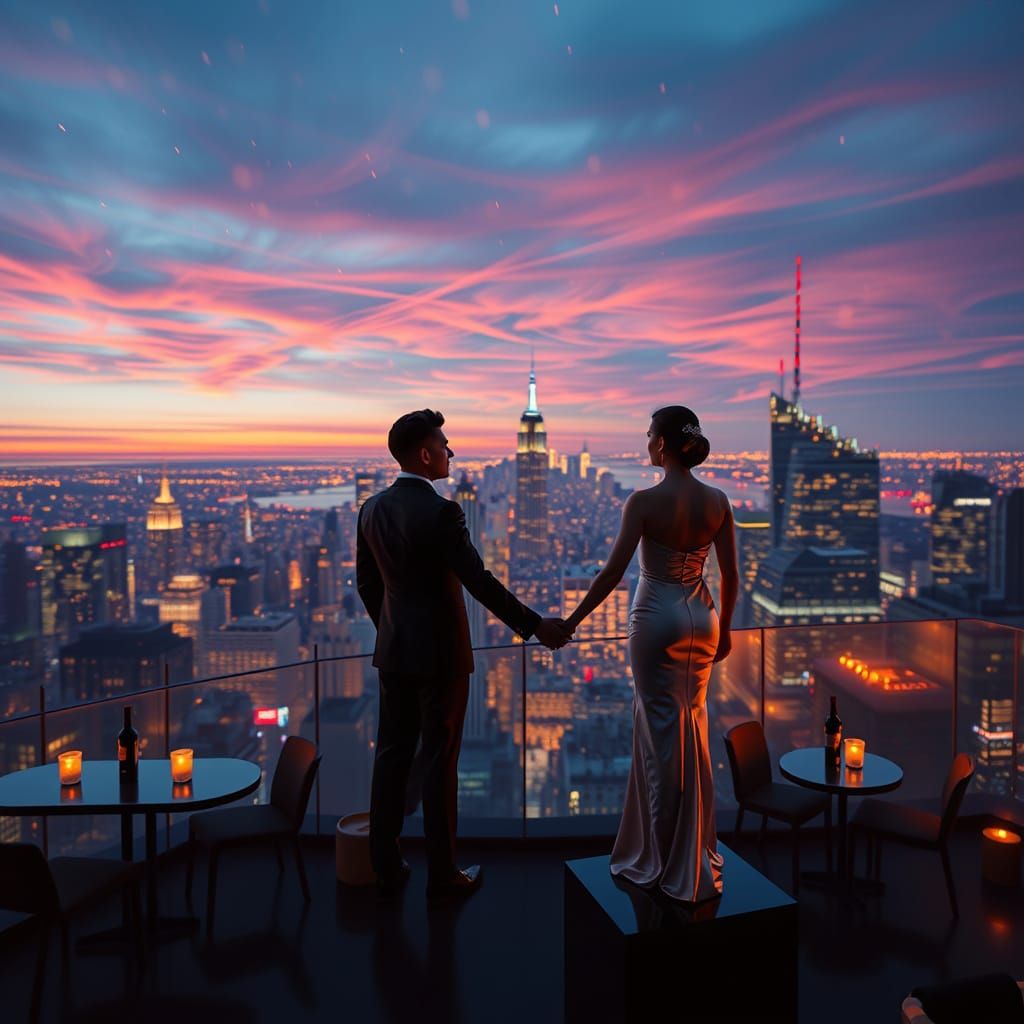 Couple on Skyscraper Roof at Sunrise Over Manhattan