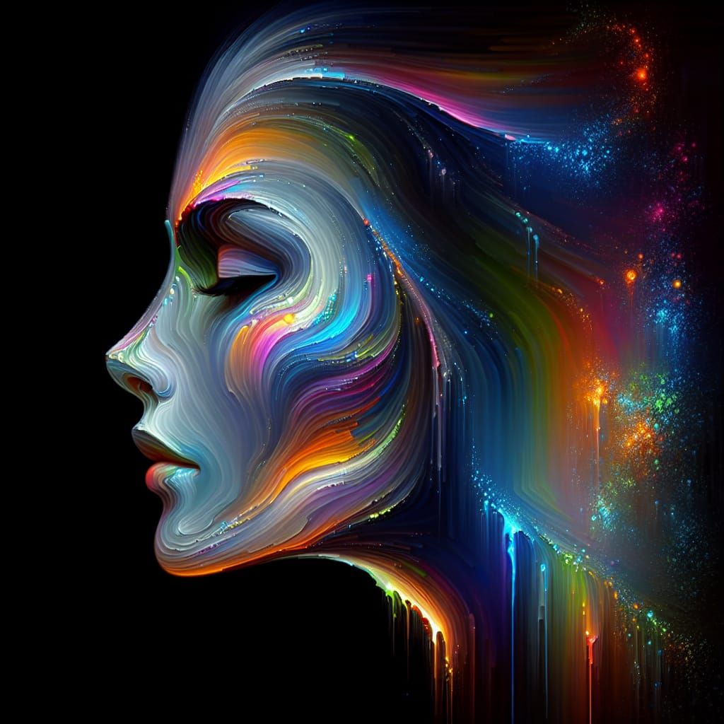 Rainbow Dripping Paint Abstract Face on Black Canvas