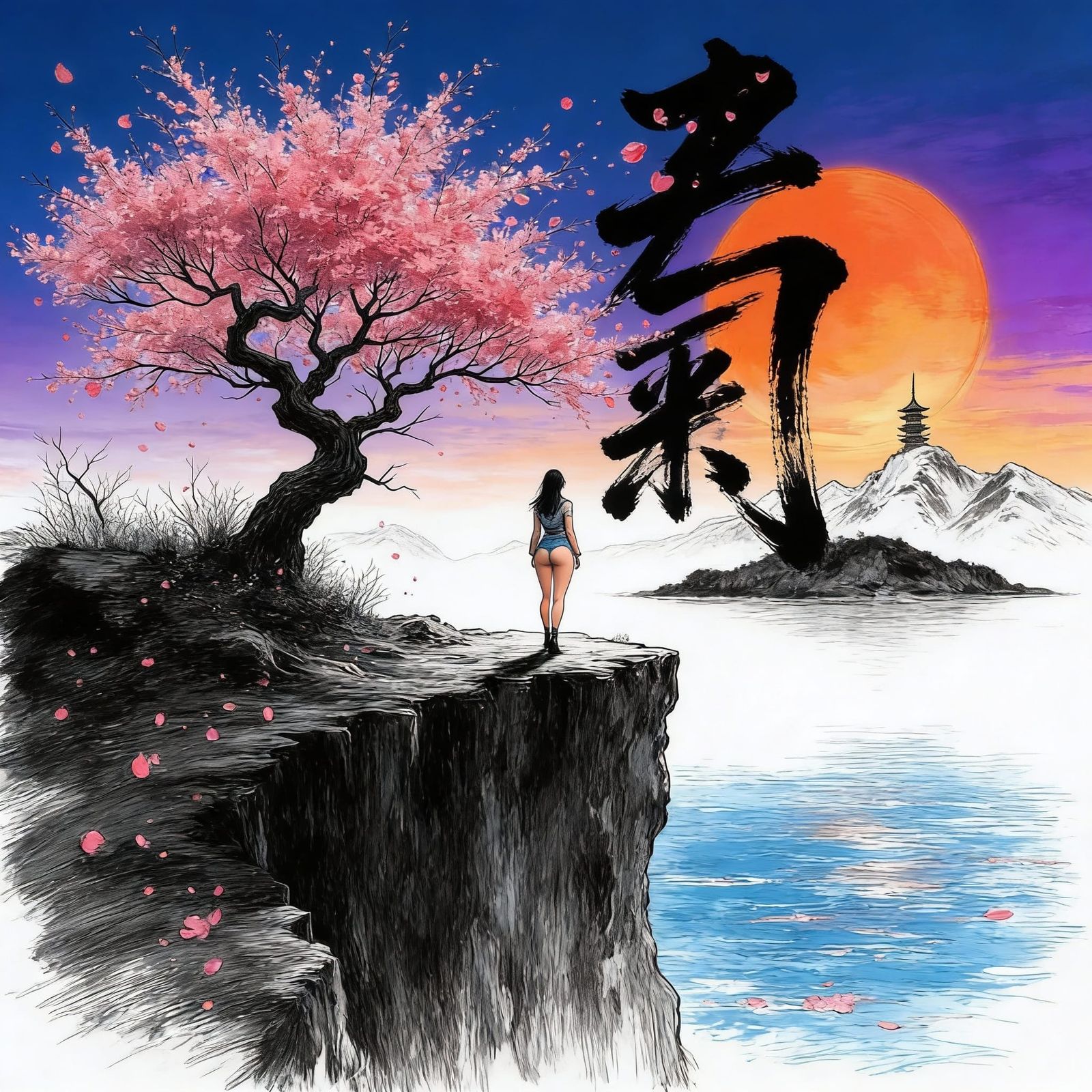 Lone Wanderer at Sunset Over Dark Island