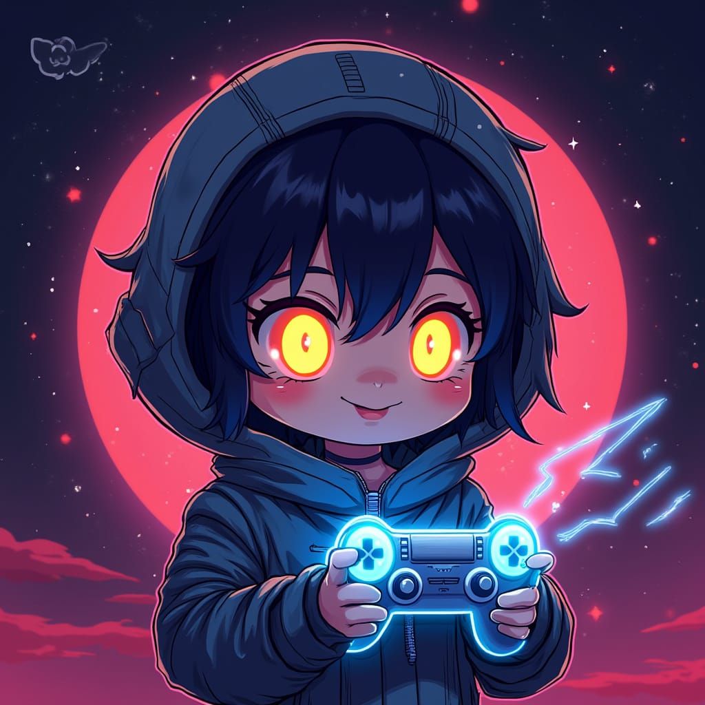 Anime Chibi Logo with Game Controller in Space