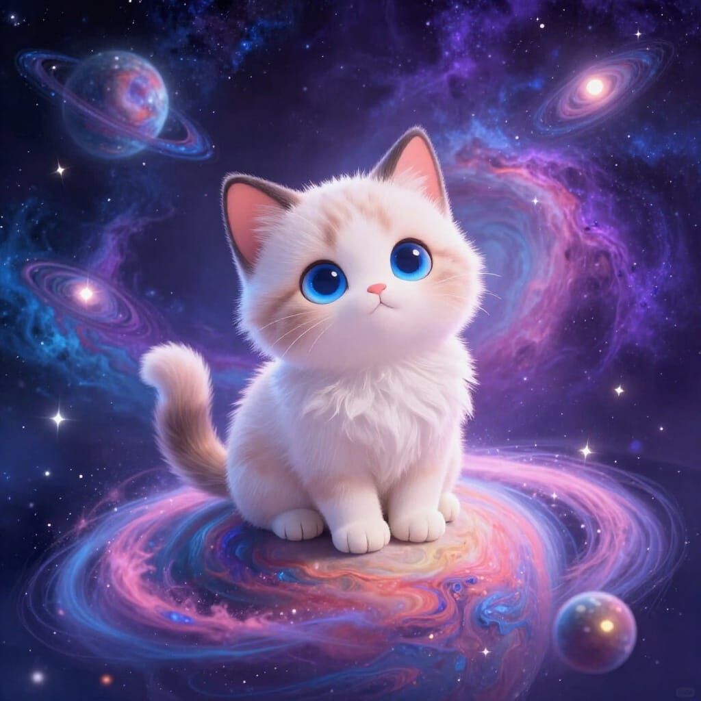 Cute Kitten on Swirling Planet in Whimsical Digital Art Styl...