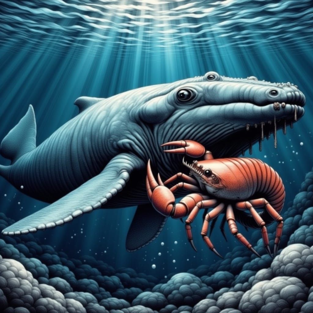 Intricate Battle Scene of a Blue Whale vs Giant Enemy Crab i...