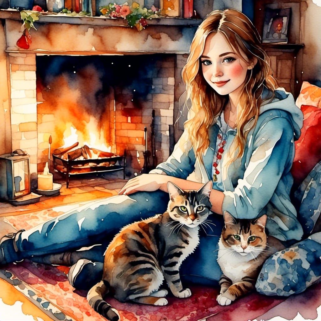Girl with Cat by Fireplace in Watercolor