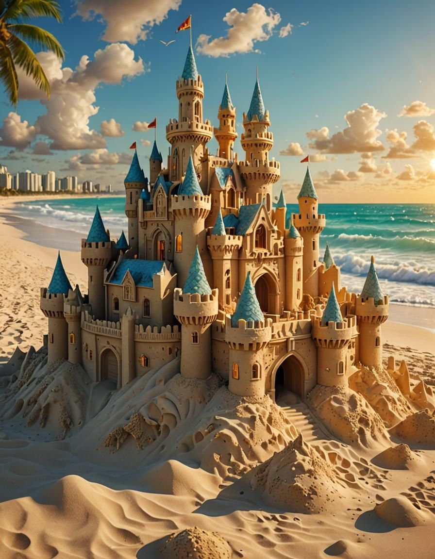 Intricate Sandcastle on Miami Beach in Digital Art Style
