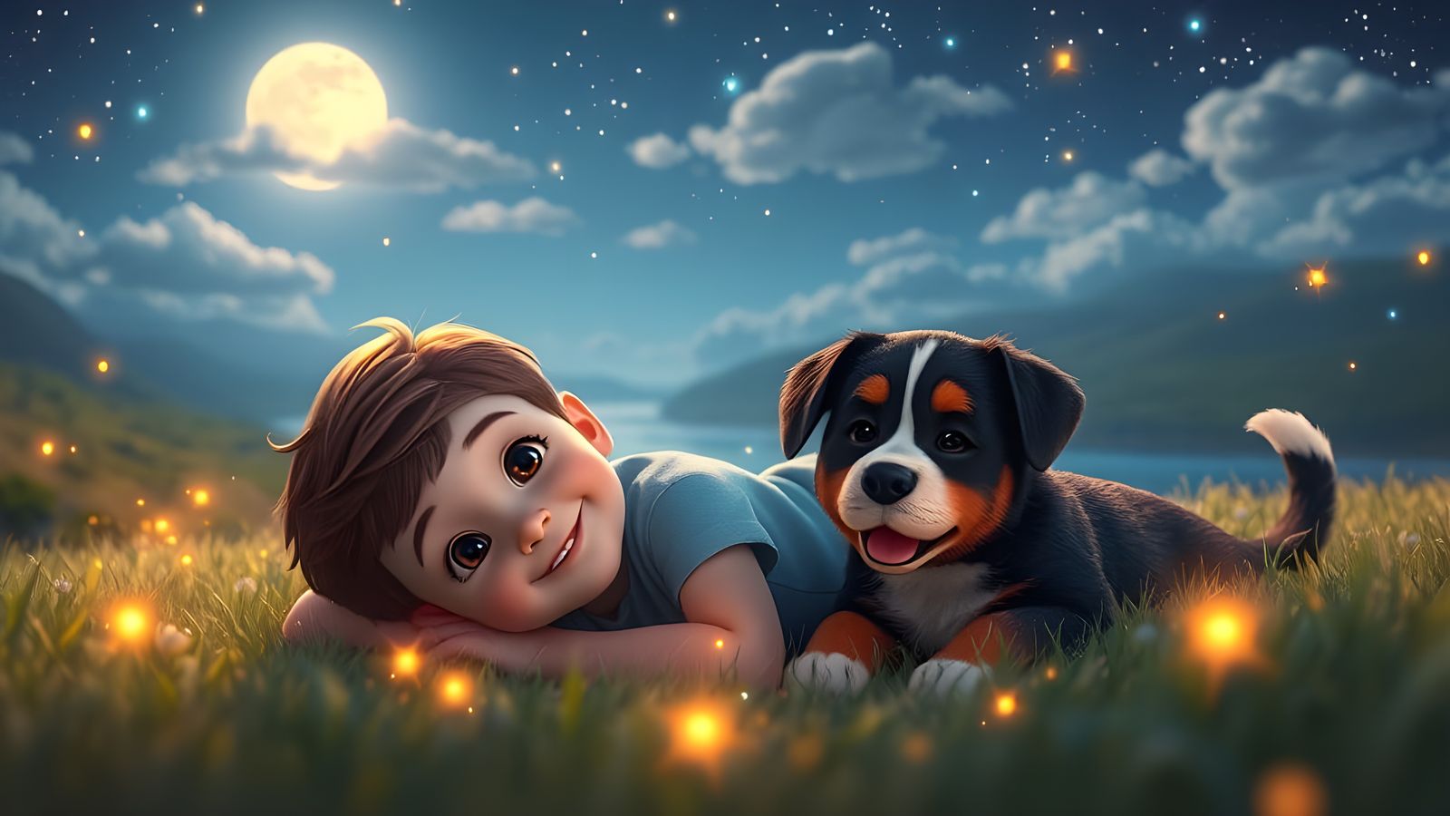 Boy and Dog Dream Under Starry Sky as 3D Art
