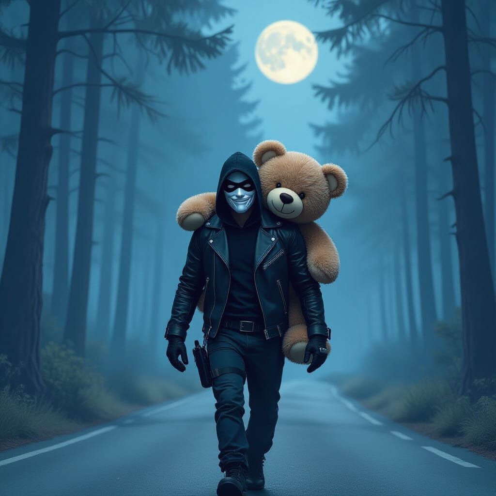 Smiling Thief with Teddy Bear in Misty Forest