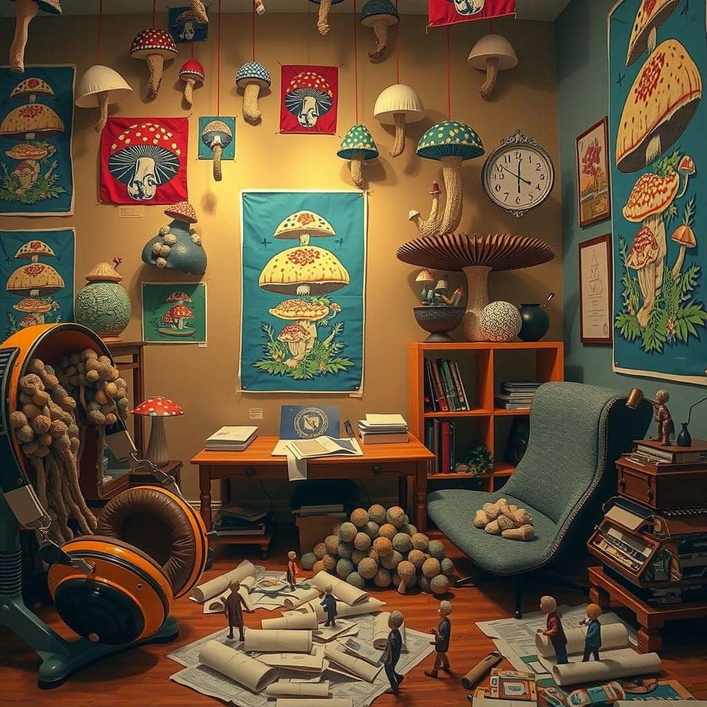 Whimsical Mushroom Bureaucracy in Hyperreal Style