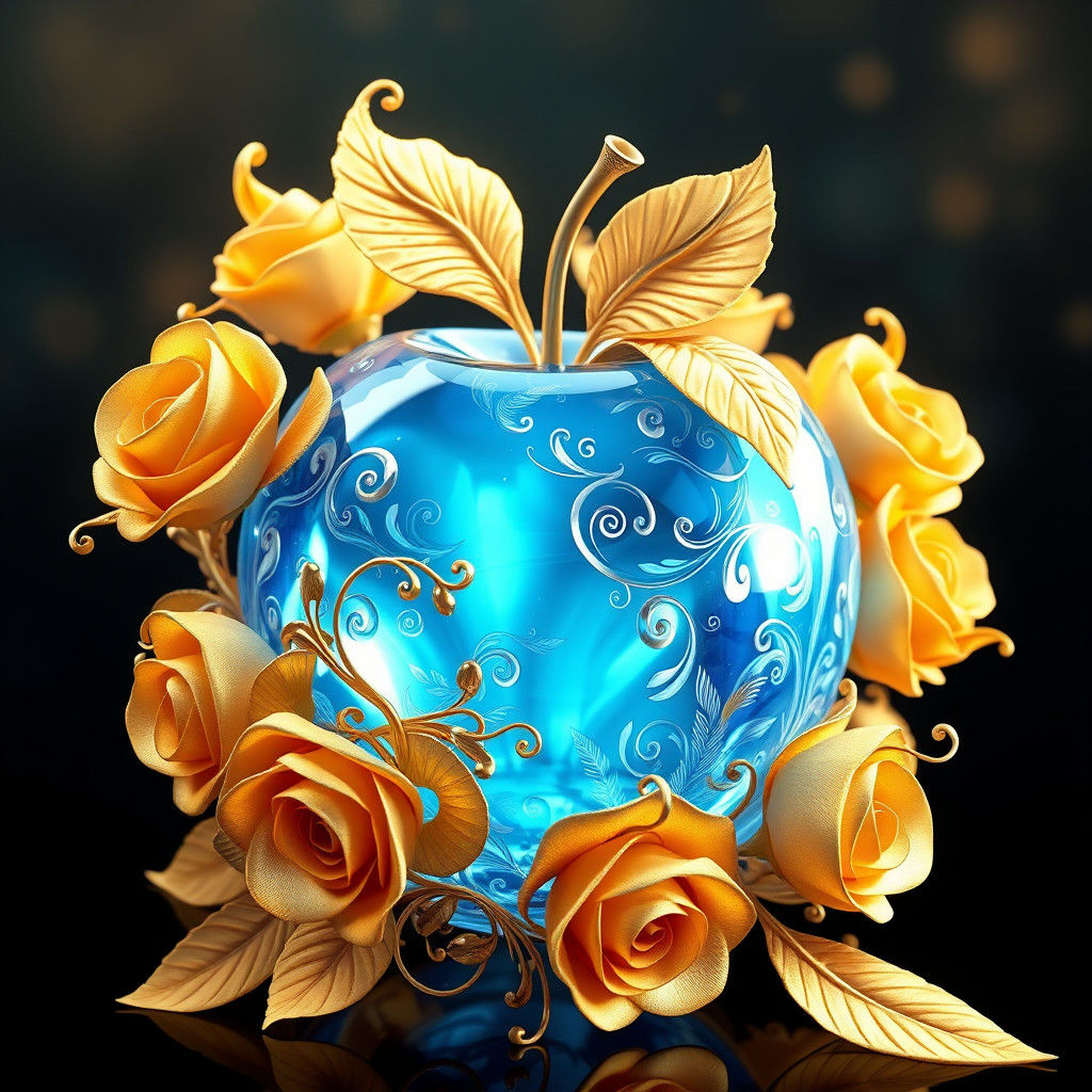 Crystal Blue Apple Surrounded by Golden Roses in Anime Style