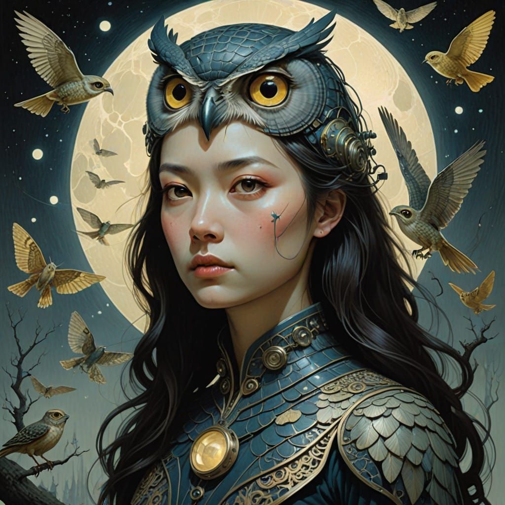 Luminous Owl-Lizard Embracing Moonlit Mysticism