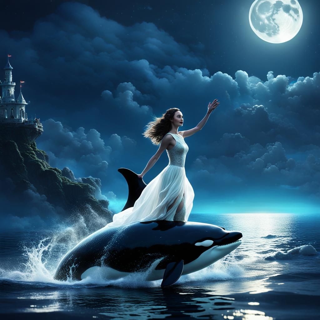 Woman in Iridescent Dress Riding Killer Whale
