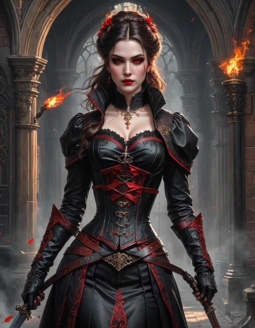 Magnificent Vampire Woman with Flaming Sword