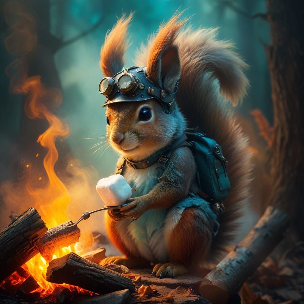 Steampunk Squirrel by Campfire in Vibrant Colors