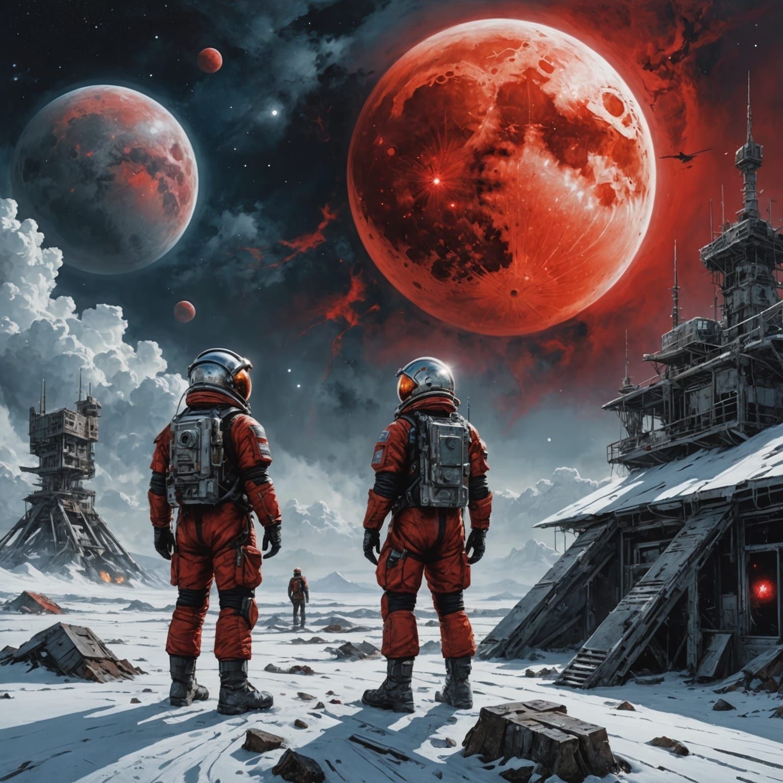 Spacemen on Snowy Planet with Red Moon