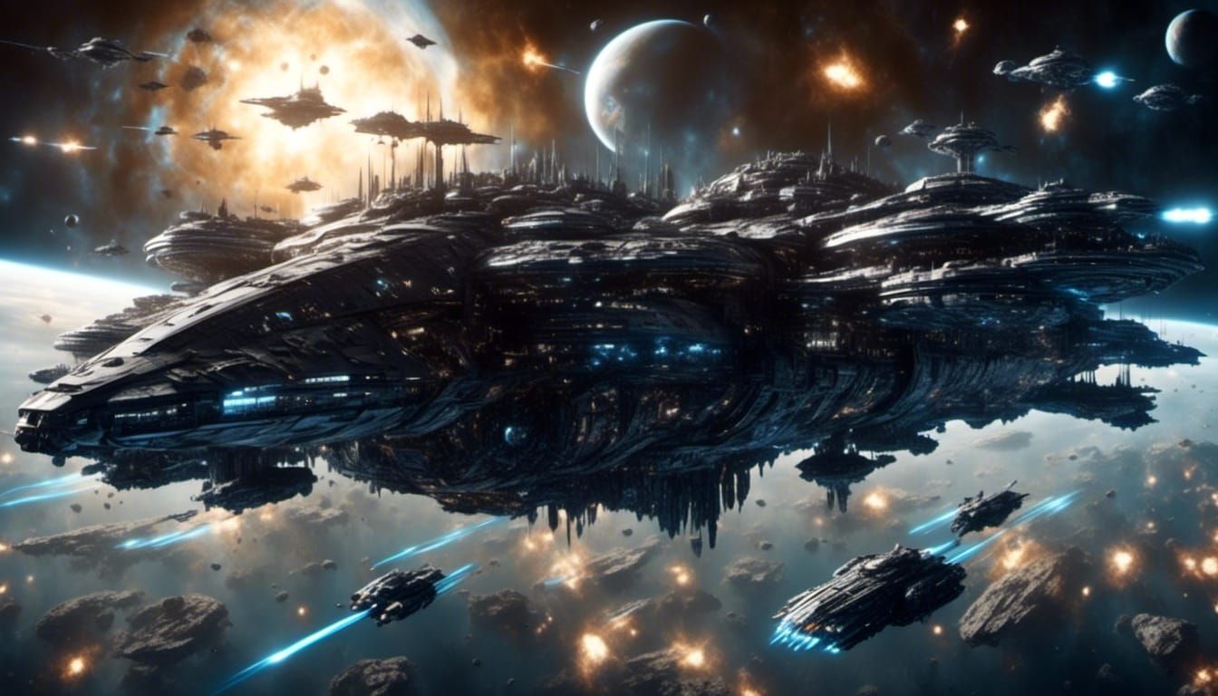 Capital Space Battleship Near Colossal Space Station