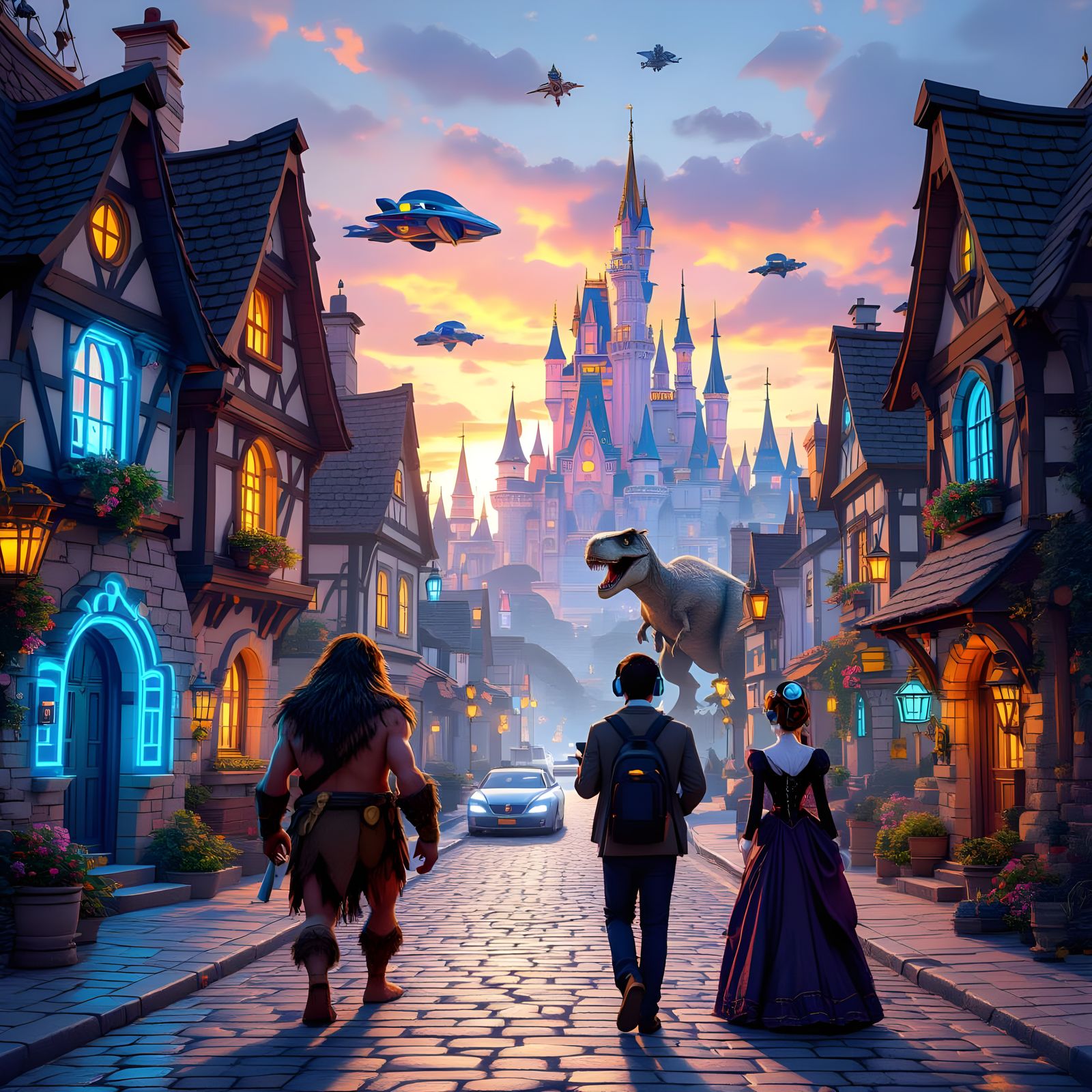 Fantasy Time Blend: 3D Scene with Neon and T-Rex