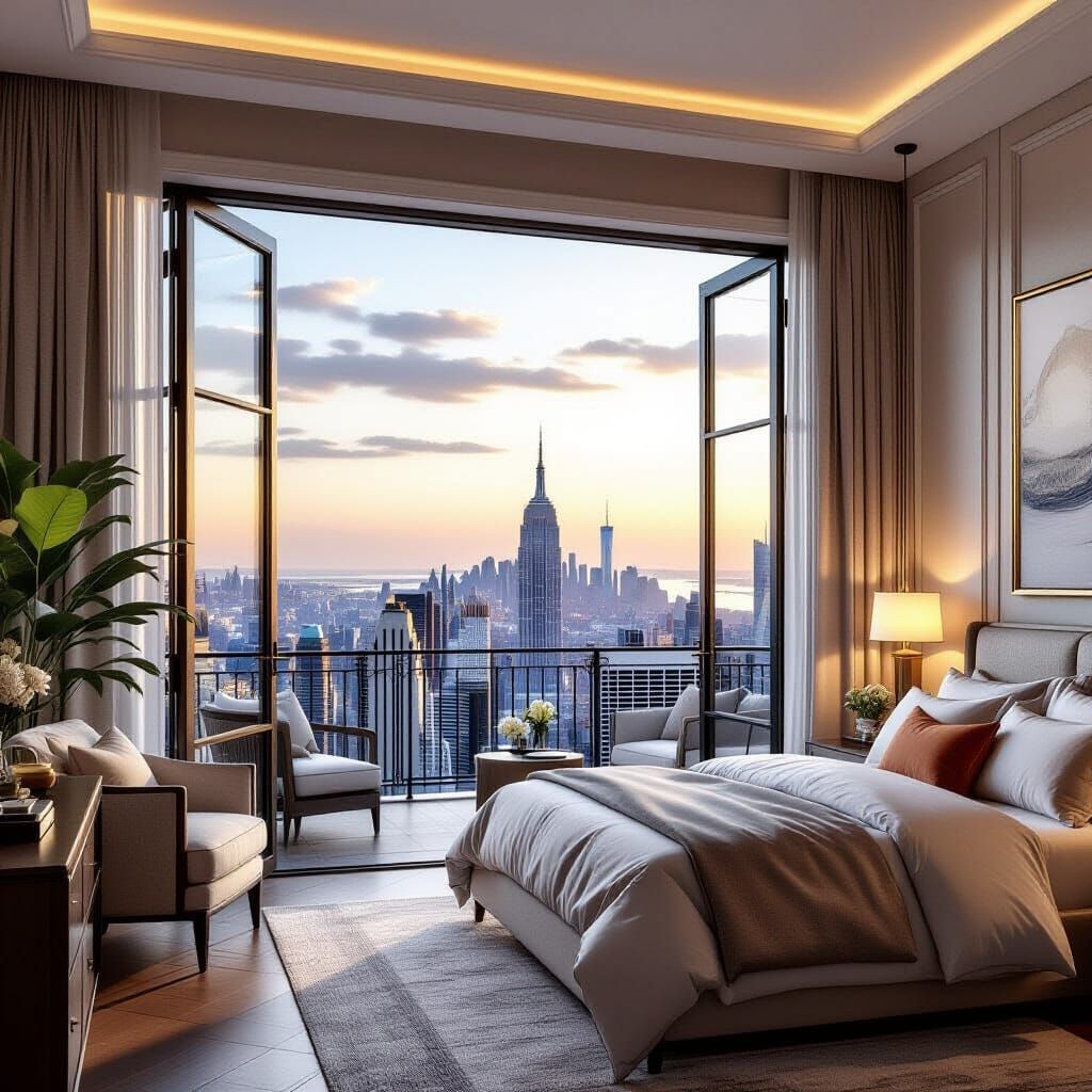 Luxurious Bedroom with Skyline View, Romantic Ambiance