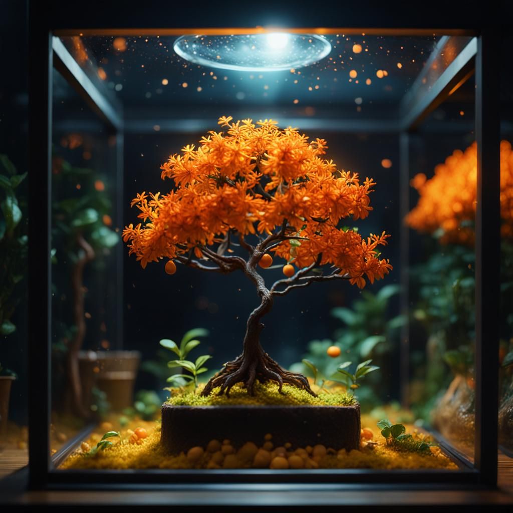 Luminous Orange Tree in Cube Terrarium: Photorealistic CG Di...