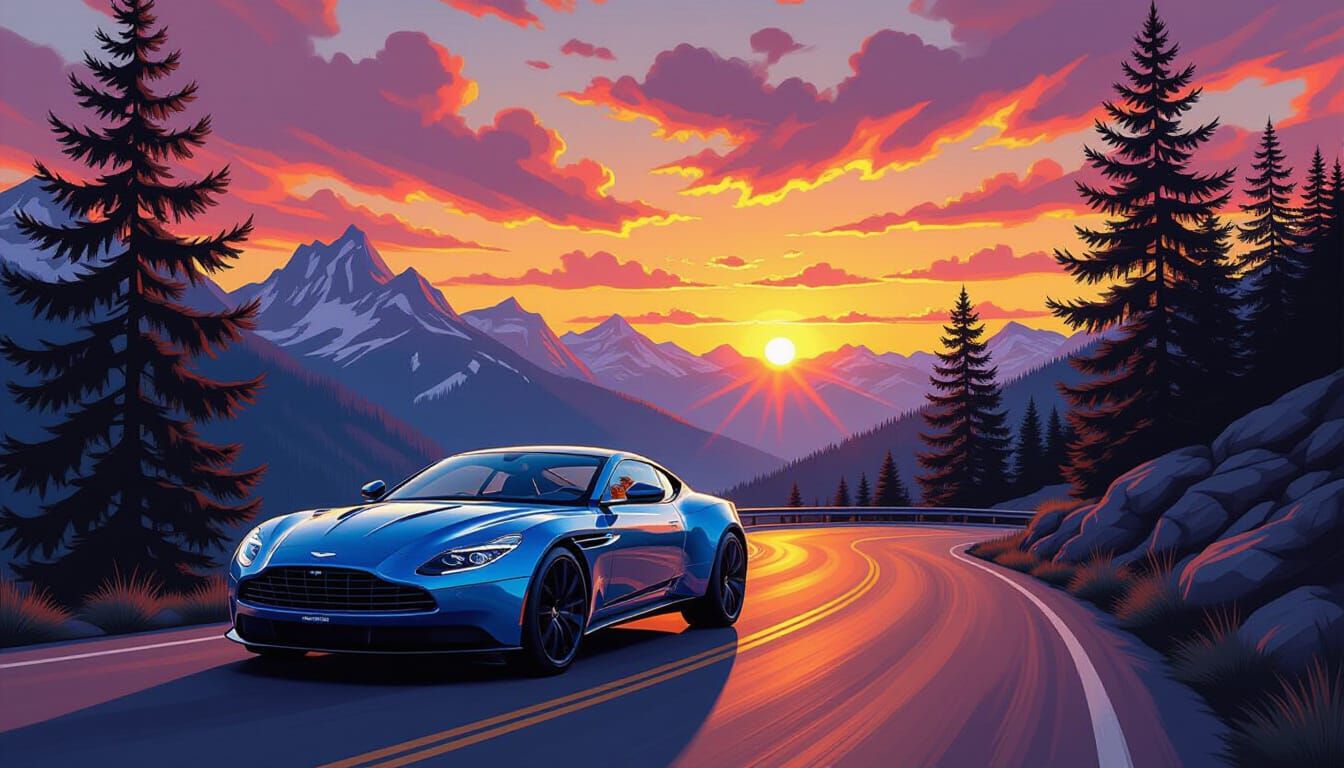 Majestic Blue Aston Martin on Mountain Road at Sunset