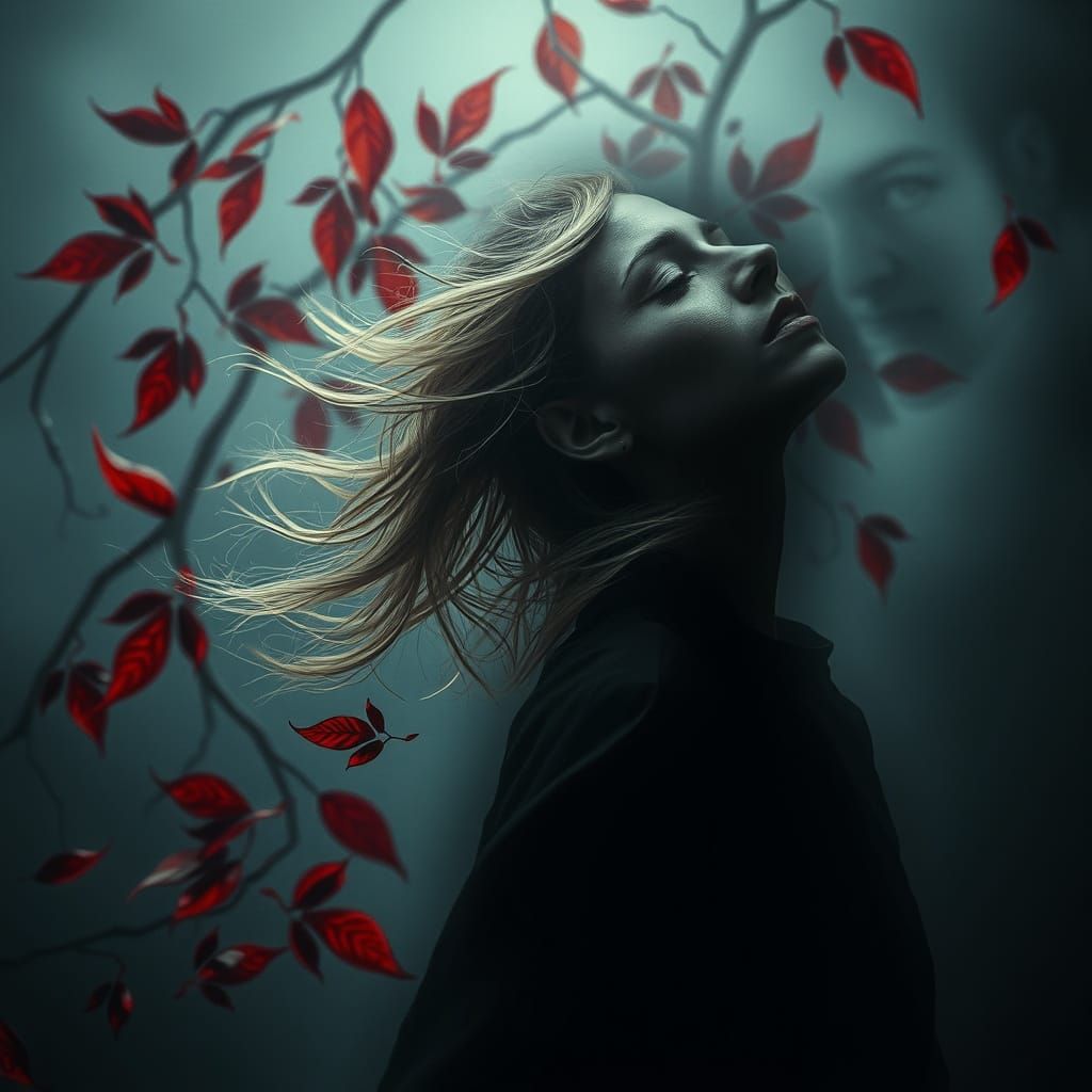 Surrealist Portrait of Woman Amidst Crimson Leaves