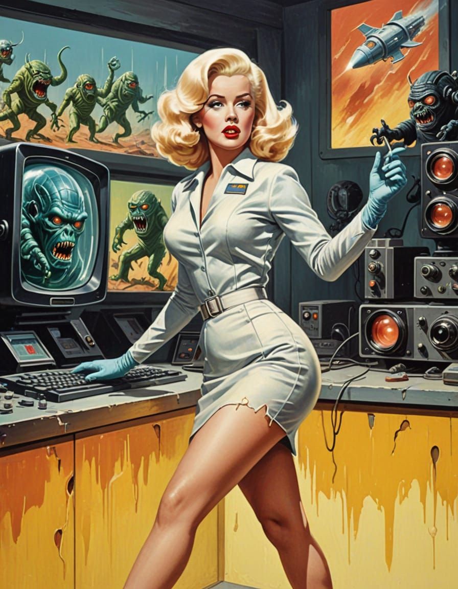 Retro Sci-Fi Pinup Girl in Monster's Grasp
