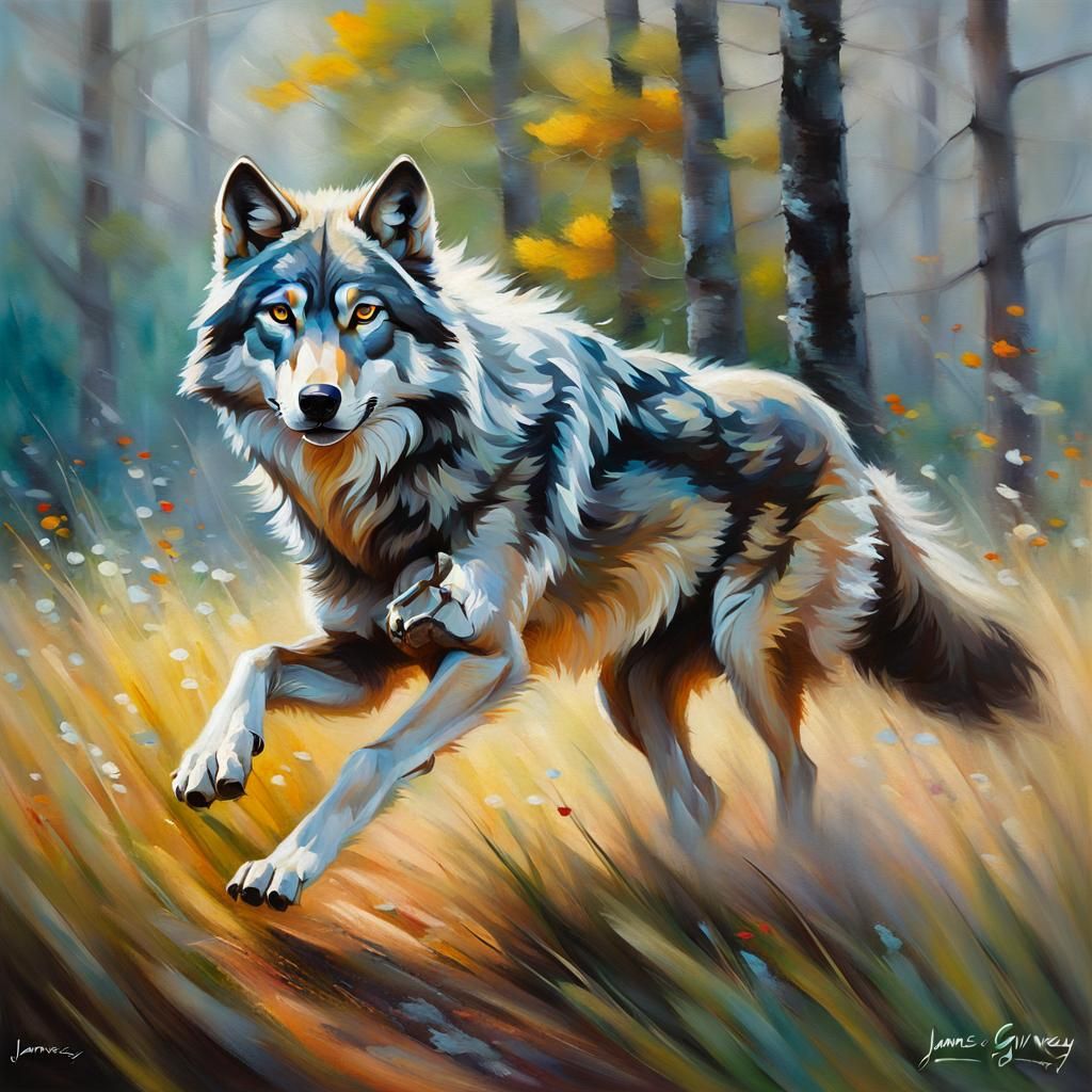 Majestic Wolf Running in Field: Oil Painting