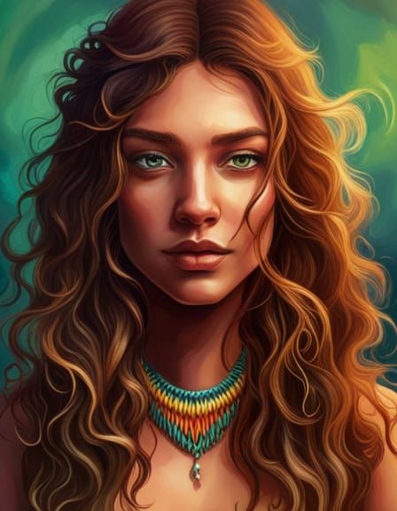 girl with long brown wavy hair,