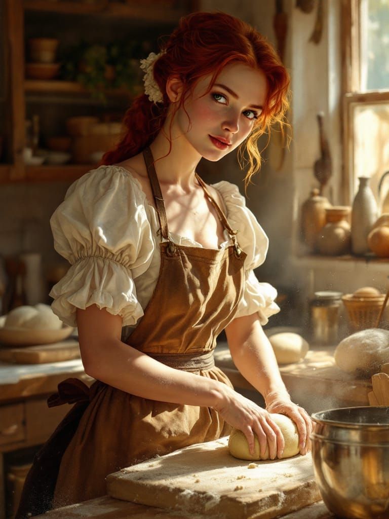 Redhead Baker Kneading Dough in Golden Light