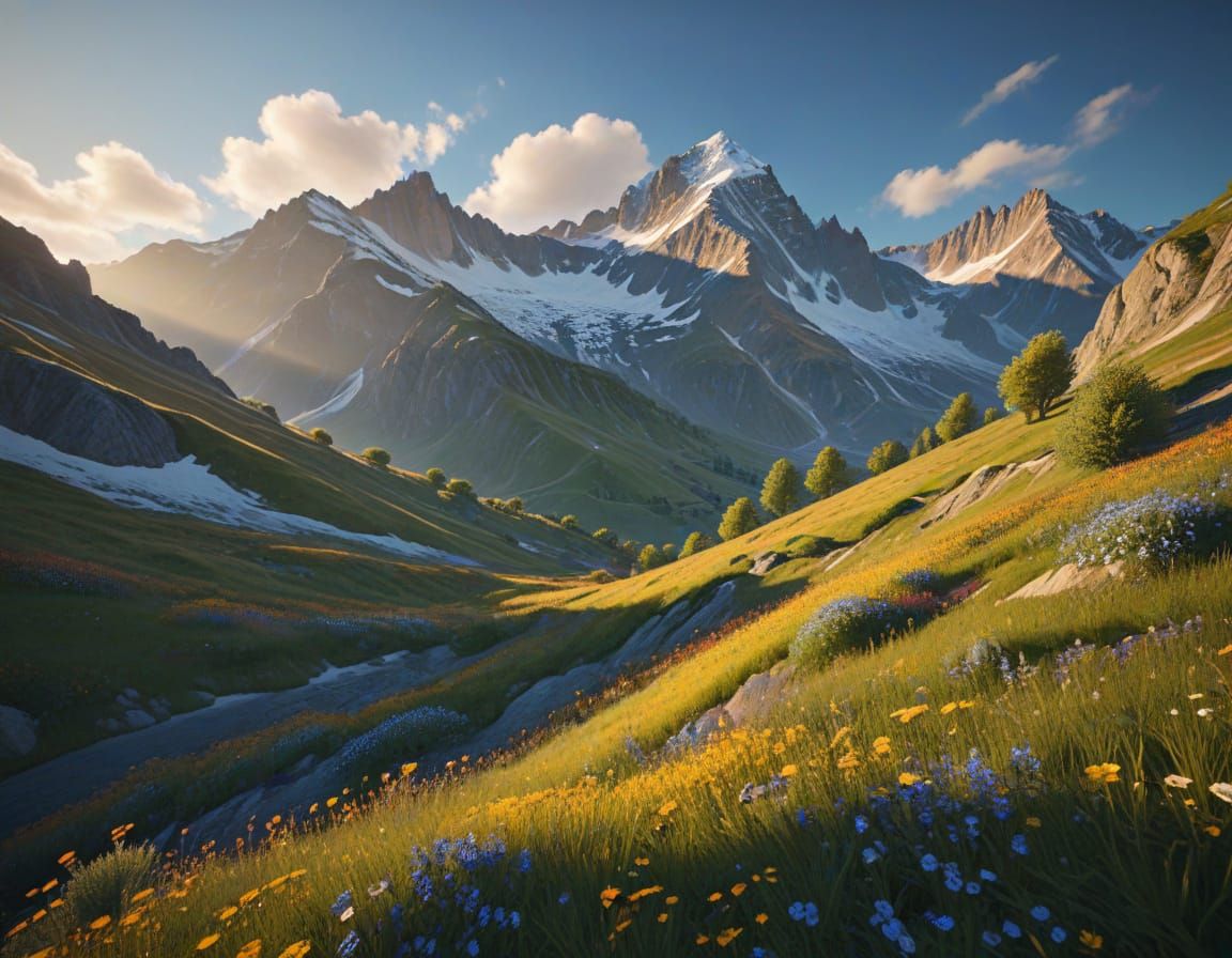 Impressionist Alps Landscape with Wildflowers