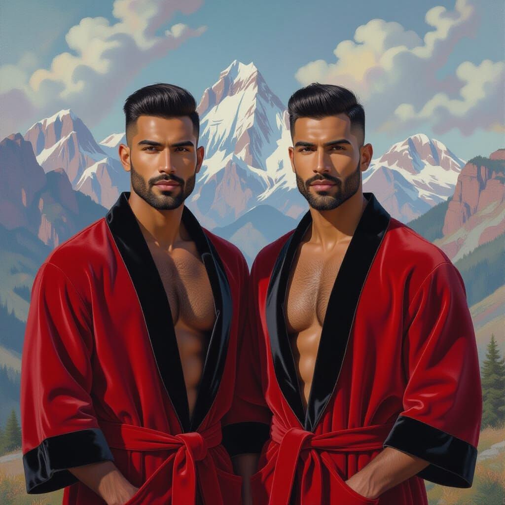 Impressionist Mountain Portrait of Two Indian Men in Velvet ...