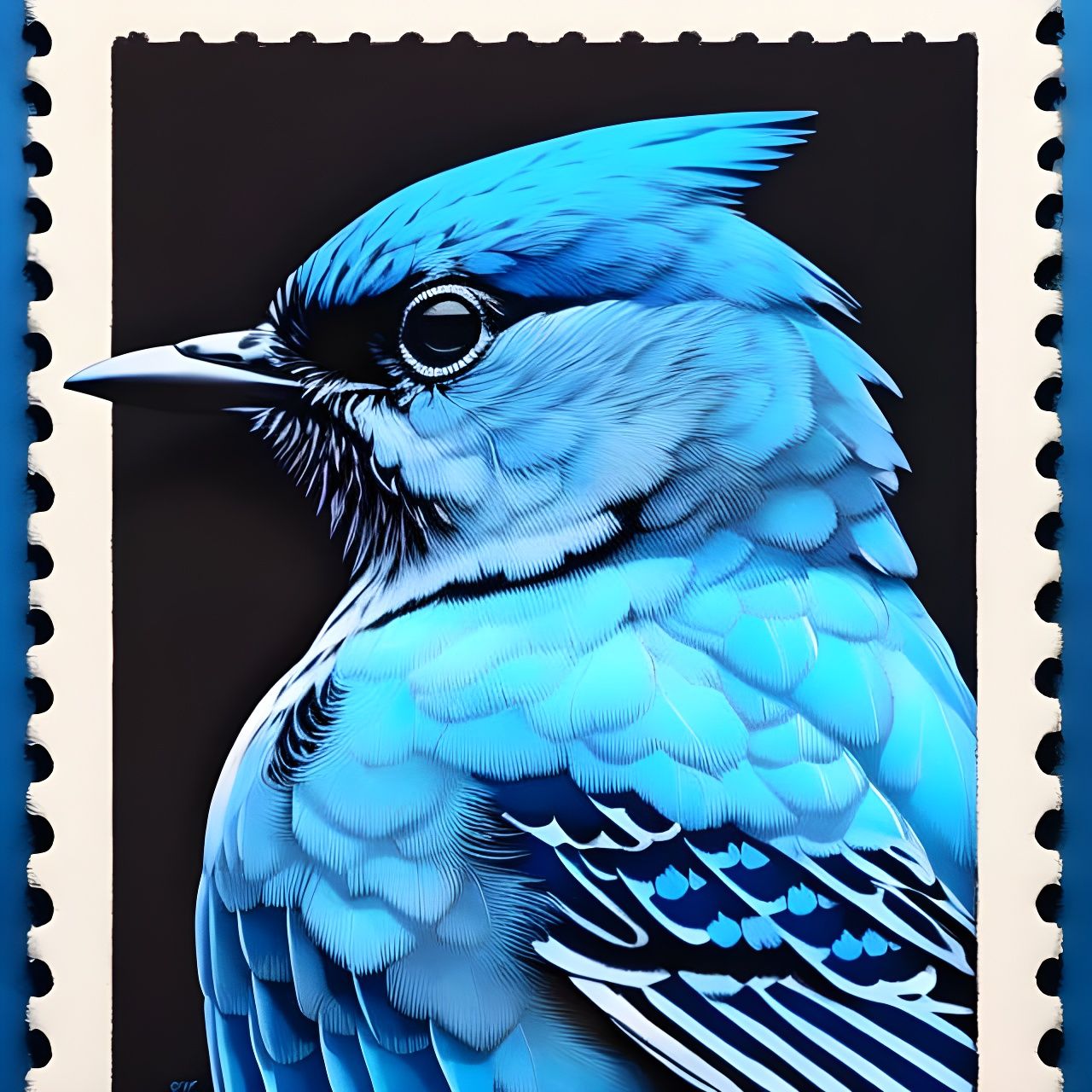 Blue Jay Stamp Portrait in Gouache Style