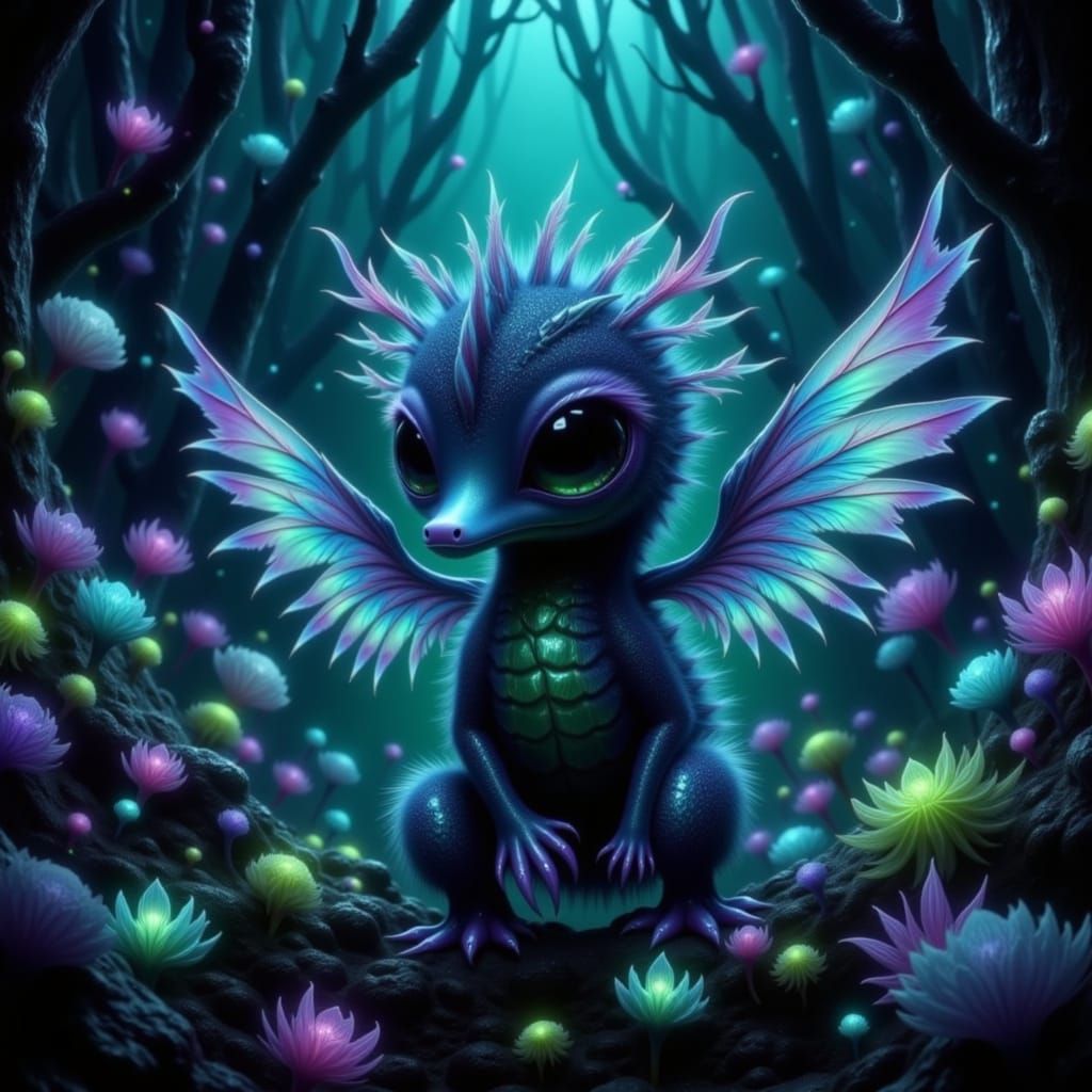 Fantastical Creature in Bioluminescent Forest Digital Painti...