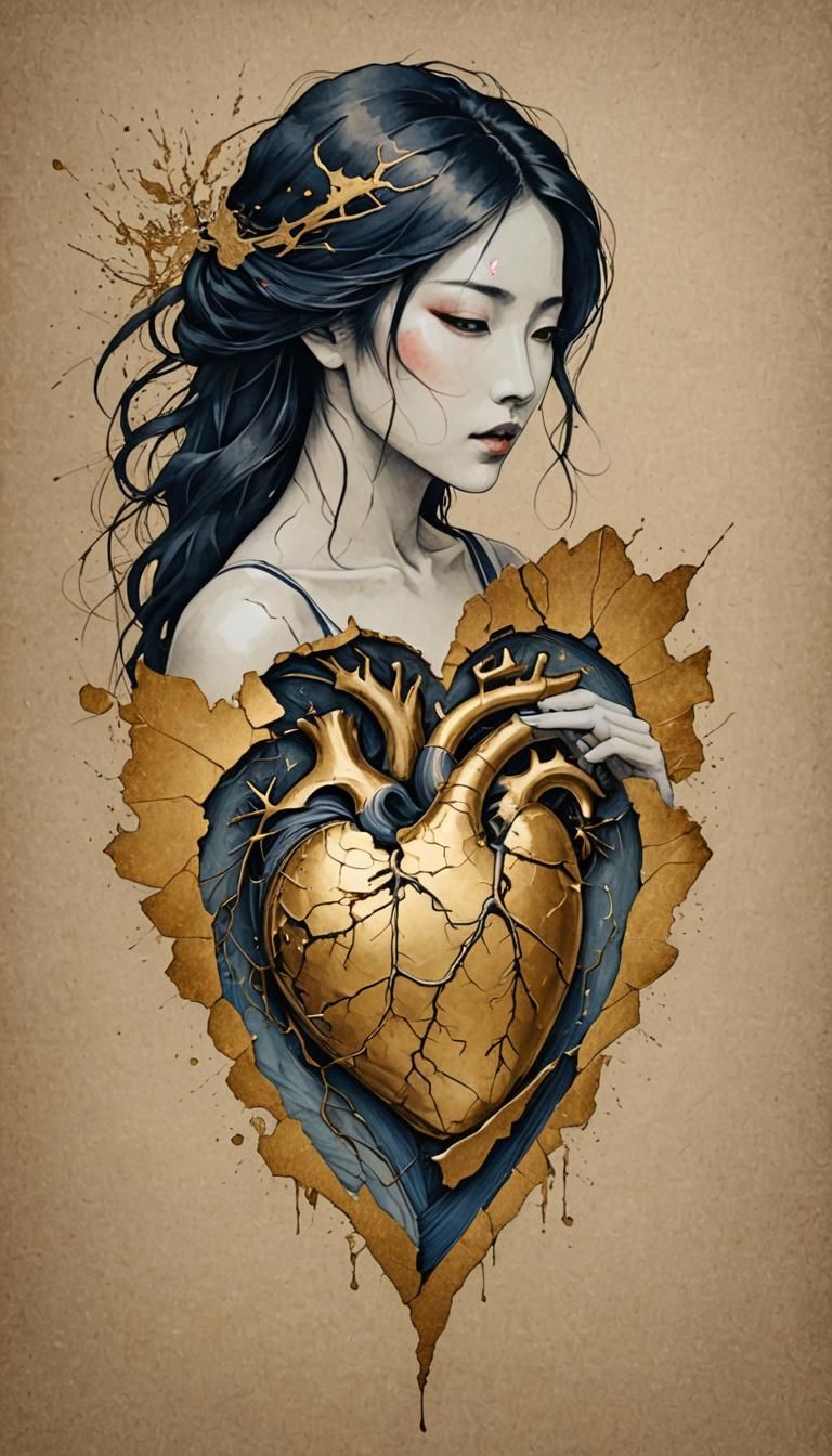 Kintsugi Woman's Heart: Surreal Ink Art in 8K